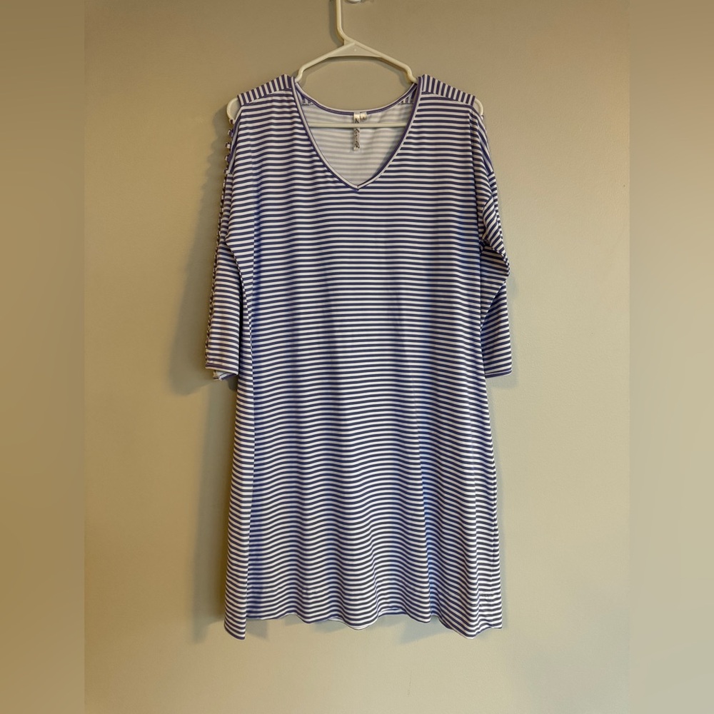 Lulu-B Blue White Striped Lattice Cold Shoulder Tunic Dress Size Large Nautical